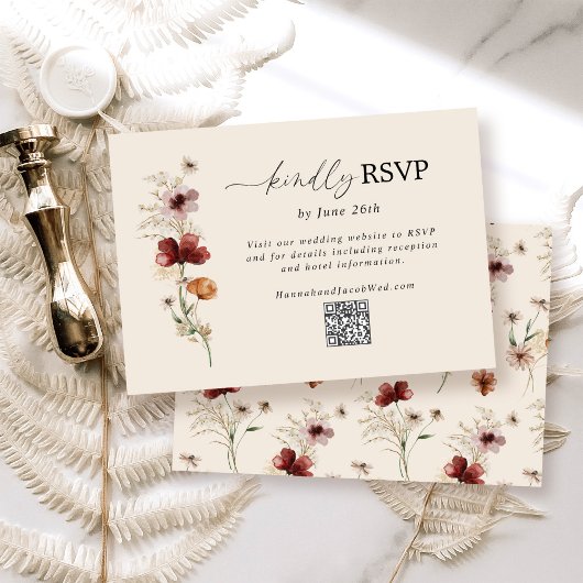 Boho Wildflower Fall Wedding QR Code RSVP Card Kaartje
