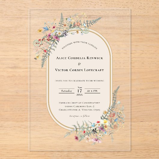 Boho Wildflower Fern Beige Wedding Acryl Uitnodigingen (Voorkant)