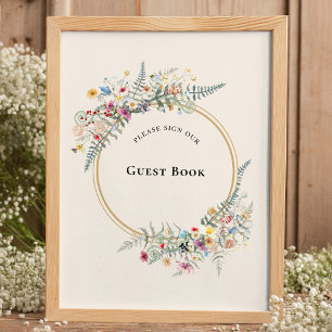 Boho Wildflower Fern Beige Wedding Guest Book Sign Poster
