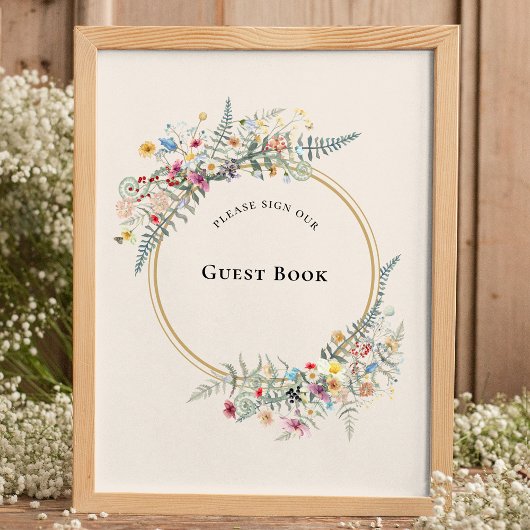 Boho Wildflower Fern Beige Wedding Guest Book Sign Poster