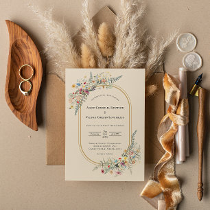 Boho Wildflower Fern Beige Wedding Kaart