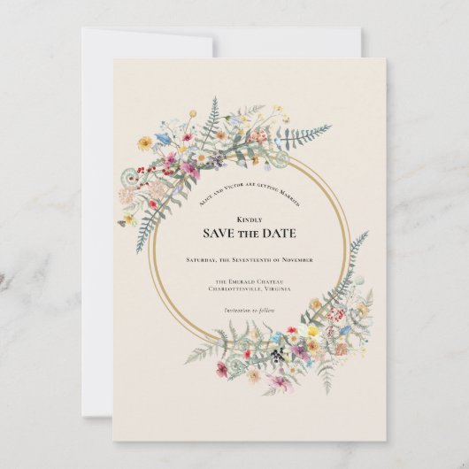 Boho Wildflower Fern beige Wedding Save the Date (Voorkant)