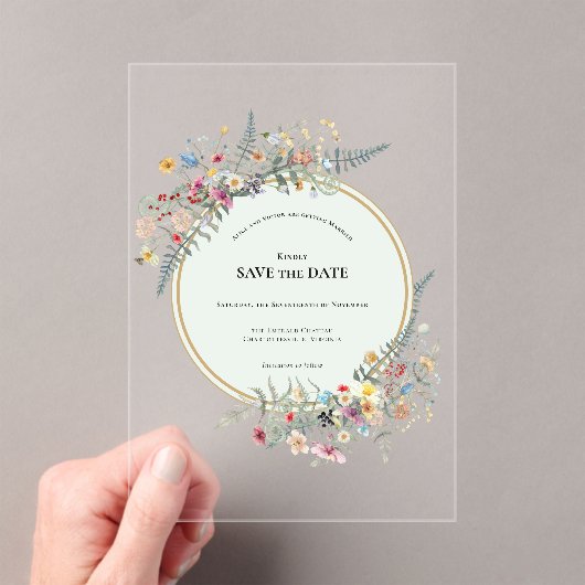 Boho Wildflower Fern Mint Green Save the Date Acryl Uitnodigingen (Insitu (Draagbaar))