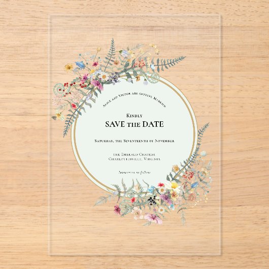 Boho Wildflower Fern Mint Green Save the Date Acryl Uitnodigingen (Voorkant)