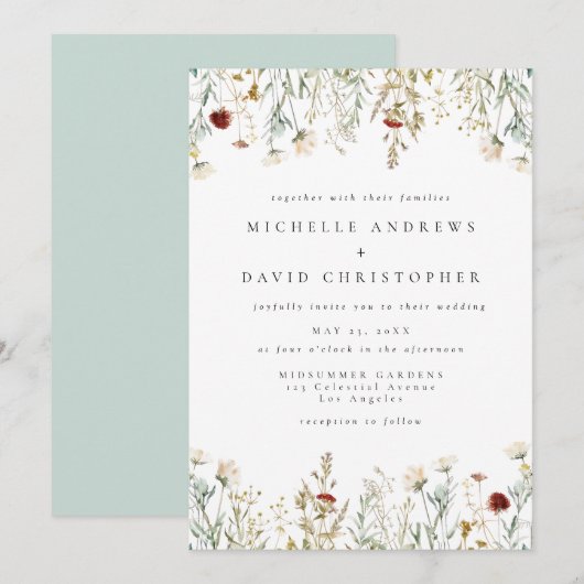 Boho Wildflower Field Wedding Invitation Kaart (Voorkant / Achterkant)
