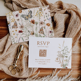 Boho Wildflower Floral Butterfly QR Code Trouwen RSVP Kaartje