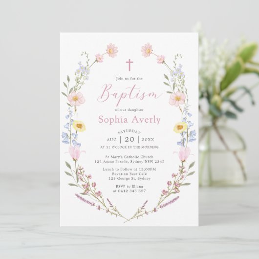 Boho Wildflower Floral Girl Baptism Kaart (Staand voorkant)