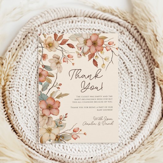 Boho Wildflower Floral Ivoor Baby shower Bedankkaart