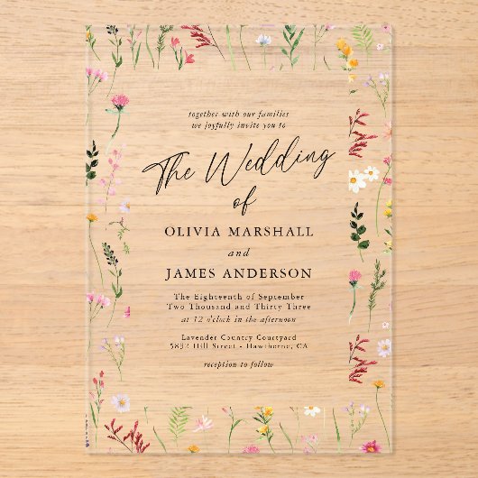 Boho Wildflower Floral Wedding Acryl Uitnodigingen (Voorkant)