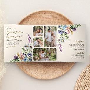 Boho Wildflower Foto All-in-One Crème Bruiloft Drieluik Uitnodiging