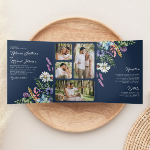 Boho Wildflower Foto All-in-One Navy Blauwe Trouwj Drieluik Uitnodiging
