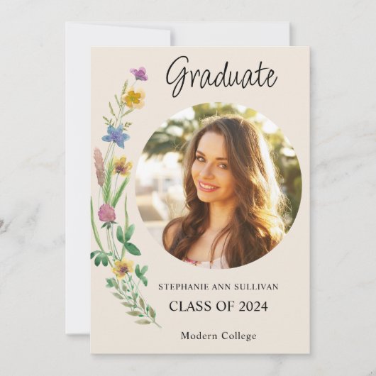 Boho Wildflower Foto Meisje College Afstuderen Aankondiging (Voorkant)