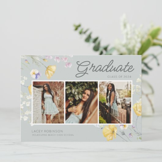 Boho Wildflower Foto Middelbare School Afstuderen Aankondiging (Staand voorkant)