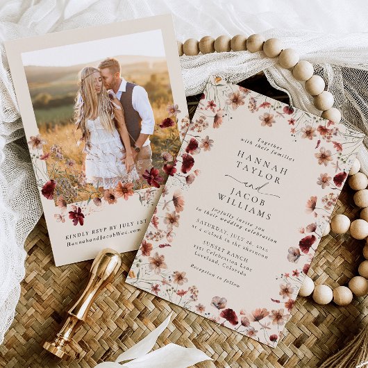 Boho Wildflower Foto QR Code RSVP Huwelijk Kaart