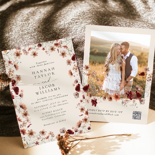 Boho Wildflower Foto QR Code RSVP Huwelijk Kaart