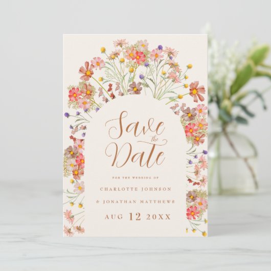 Boho Wildflower Fotoboog bruiloft Save The Date (Staand voorkant)