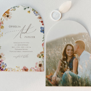 Boho Wildflower Garden Beige Foto Boog Wedding Kaart
