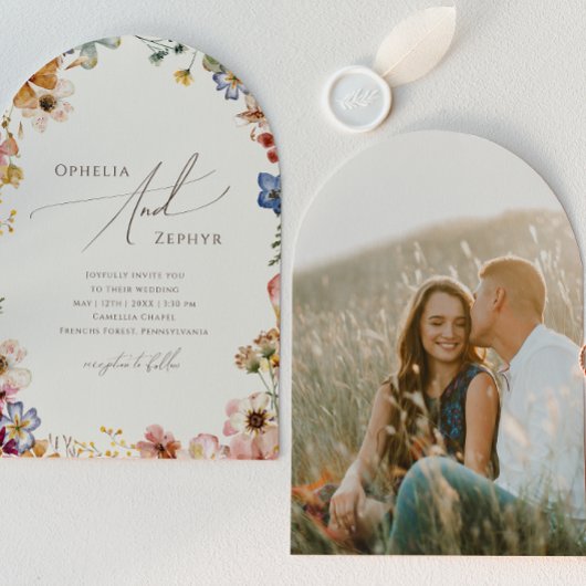 Boho Wildflower Garden Beige Foto Boog Wedding Kaart