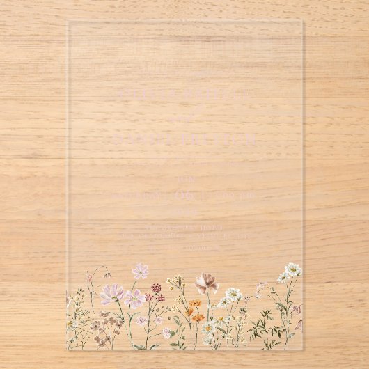 Boho Wildflower Garden Blush Pink Wedding Acryl Uitnodigingen (Voorkant)