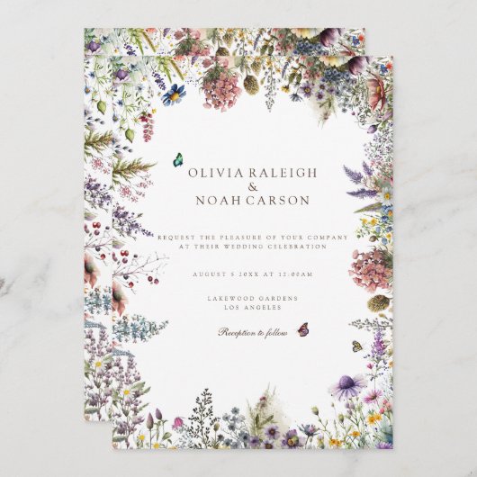 Boho Wildflower Garden White bruiloft uitnodiging (Voorkant / Achterkant)