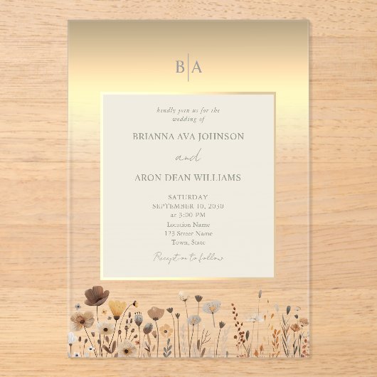 Boho Wildflower Gold Wedding Acryl Uitnodigingen (Voorkant)