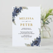 Boho Wildflower Goud & Navy Blue Bruiloft Kaart (Staand voorkant)