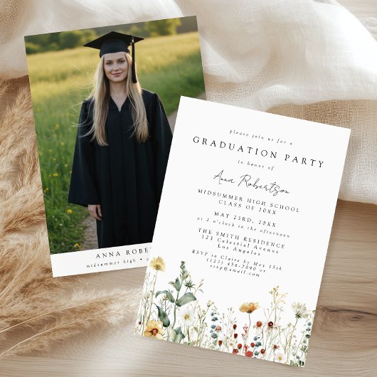 Boho Wildflower Graduation Party Photo Kaart
