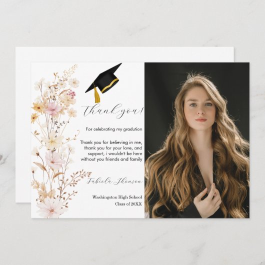 Boho Wildflower Grass Afstuderen bedankje Kaart (Voorkant / Achterkant)