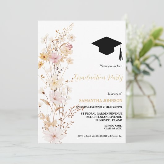 Boho Wildflower Grass Meisje Afstudeerfeest Kaart (Staand voorkant)