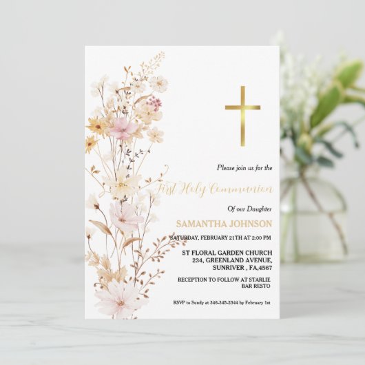 Boho Wildflower Grass Meisje Eerste Heilige Commun Kaart (Staand voorkant)