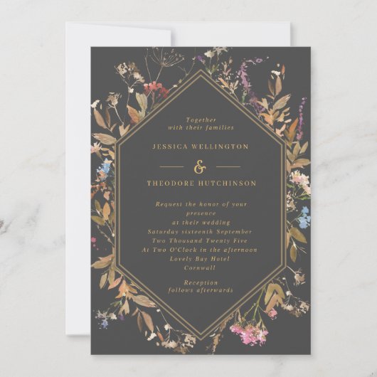 Boho Wildflower Gray & Gold Geo Lijst Wedding Kaart (Voorkant)