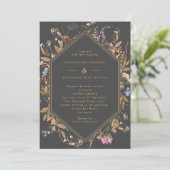 Boho Wildflower Gray & Gold Geo Lijst Wedding Kaart (Staand voorkant)