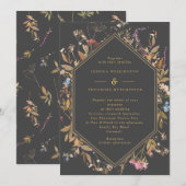 Boho Wildflower Gray & Gold Geo Lijst Wedding Kaart (Voorkant / Achterkant)