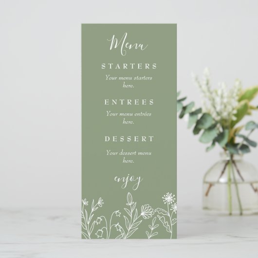 Boho wildflower groene bruiloft menu (Staand voorkant)