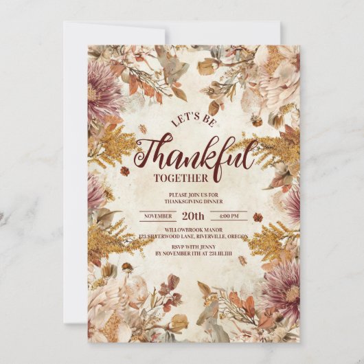 Boho Wildflower Harvest Thanksgiving Diner Kaart (Voorkant)