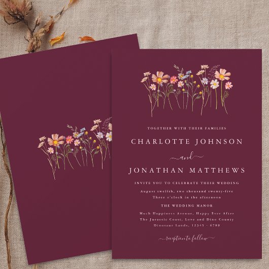 Boho Wildflower Herfst Bourgogne Blush Roze Huweli Kaart