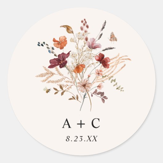 Boho Wildflower Herfst Bourgondië Rust bruiloft Ronde Sticker (Voorkant)