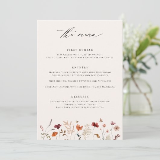 Boho Wildflower herfst bruiloft Menu (Staand voorkant)