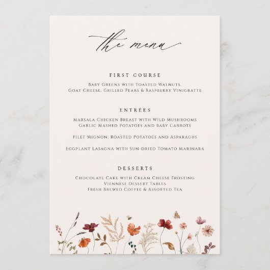 Boho Wildflower herfst bruiloft Menu (Voorkant)
