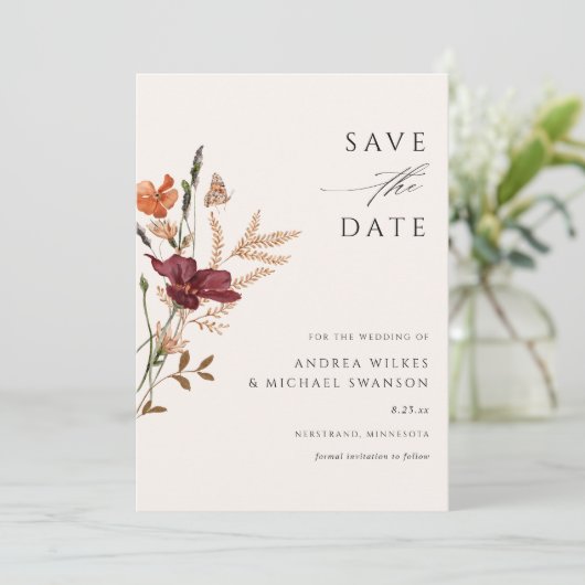 Boho Wildflower Herfst Bruiloft  Save The Date (Staand voorkant)