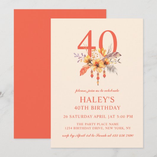 Boho Wildflower Herfst Herfst Bloemen 40e Verjaard Kaart (Voorkant / Achterkant)