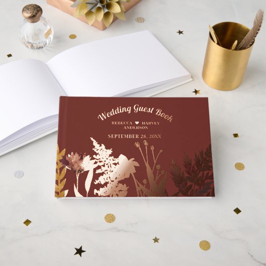 Boho Wildflower Herfst Herfst Huwelijk Echte Folie Gastenboek (Voorkant open)