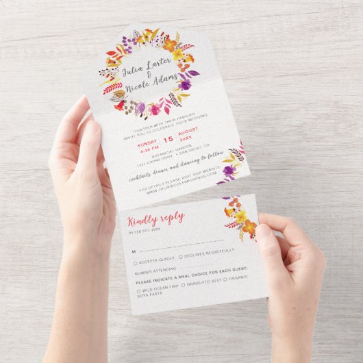 Boho Wildflower Herfst Krans Foliage Wedding All In One Uitnodiging (Afscheurbaar)