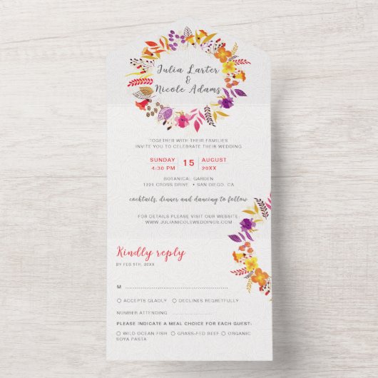 Boho Wildflower Herfst Krans Foliage Wedding All In One Uitnodiging (Binnen)