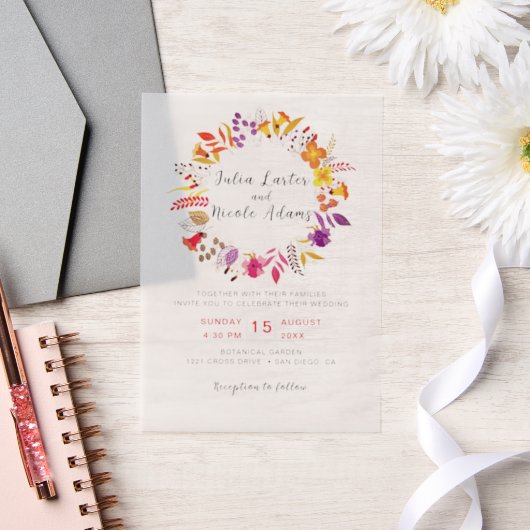 Boho Wildflower Herfst Krans Foliage Wedding Vellum Uitnodigingen (Huwelijk)