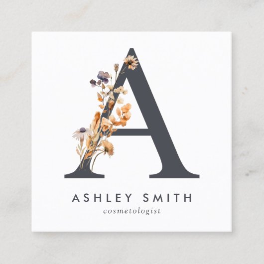 Boho Wildflower Initiaal A QR-code Vierkante Visitekaartje (Voorkant)