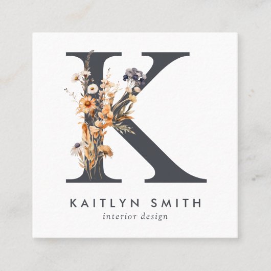 Boho Wildflower Initiaal K QR Code Vierkante Visitekaartje (Voorkant)