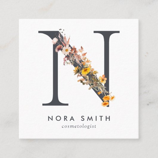 Boho Wildflower Initiaal N QR-code Vierkante Visitekaartje (Voorkant)