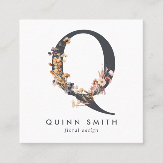 Boho Wildflower Initiaal Q QR Code Vierkante Visitekaartje (Voorkant)