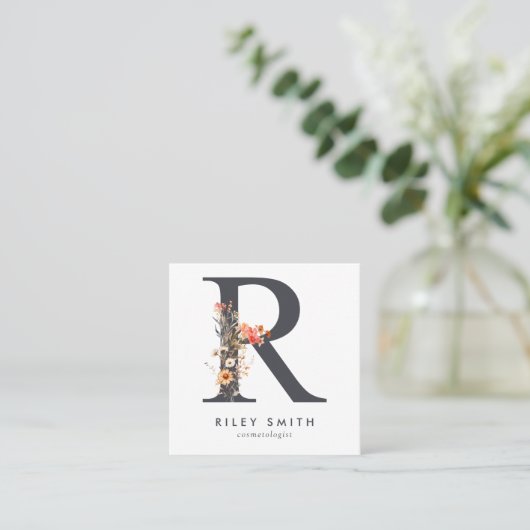 Boho Wildflower Initiaal R QR-code Vierkante Visitekaartje (Staand voorkant)